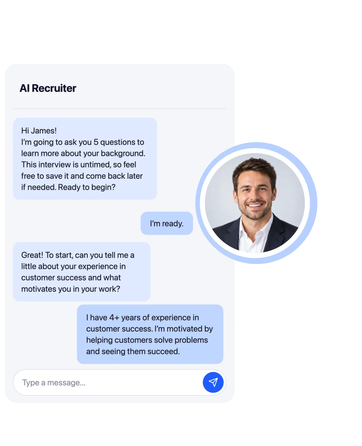 Candidate view of the Alert Hire screening chat: the AI recruiter asks five untimed questions and the candidate replies in their own time